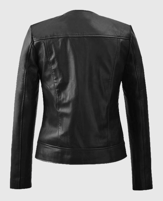 Women's Black Collarless Leather Biker Jacket