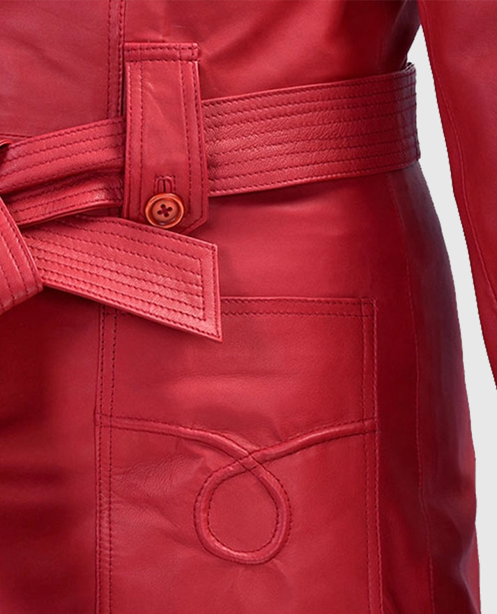 Soft Raspberry Red Rita Ora Leather Long Coat
