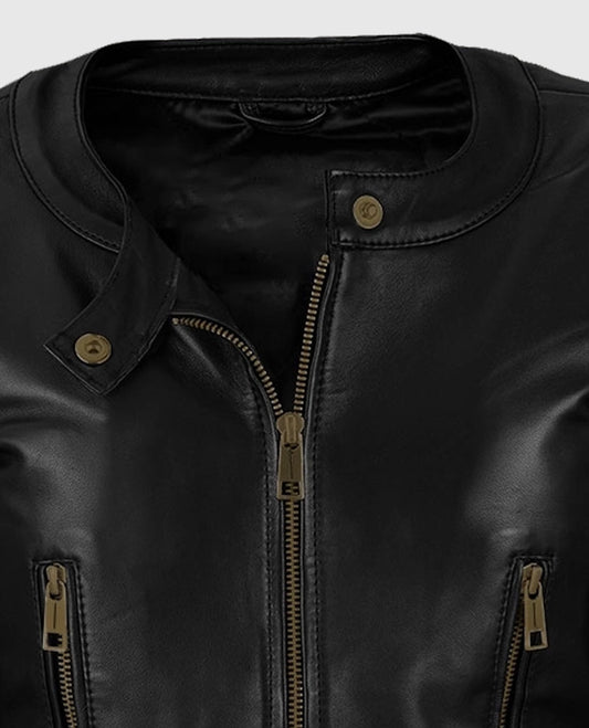 Black Cafe Racer Leather Jacket for Women