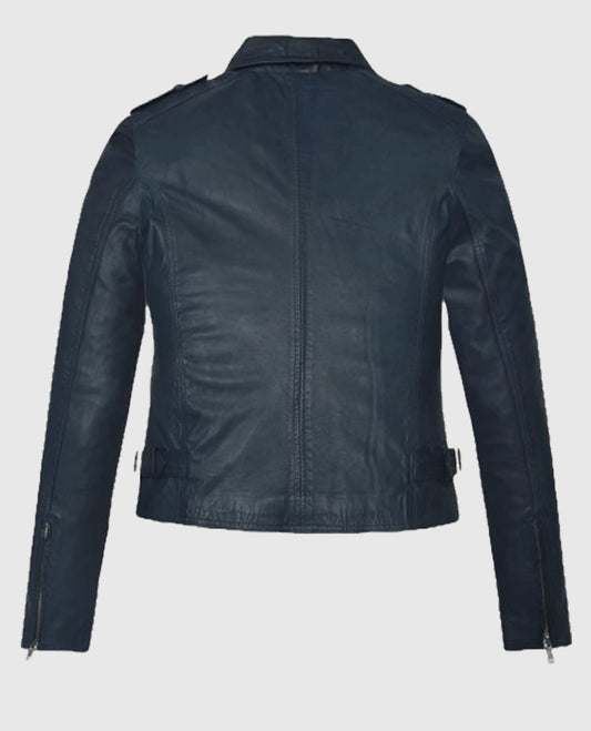 Blue Washed & Wax Biker Leather Jacket for Women