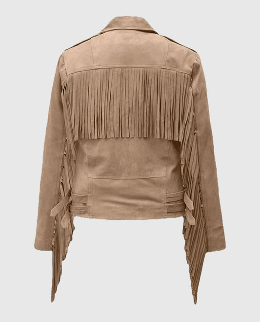 Dusty Beige Suede Leather Fringes Jacket for Women