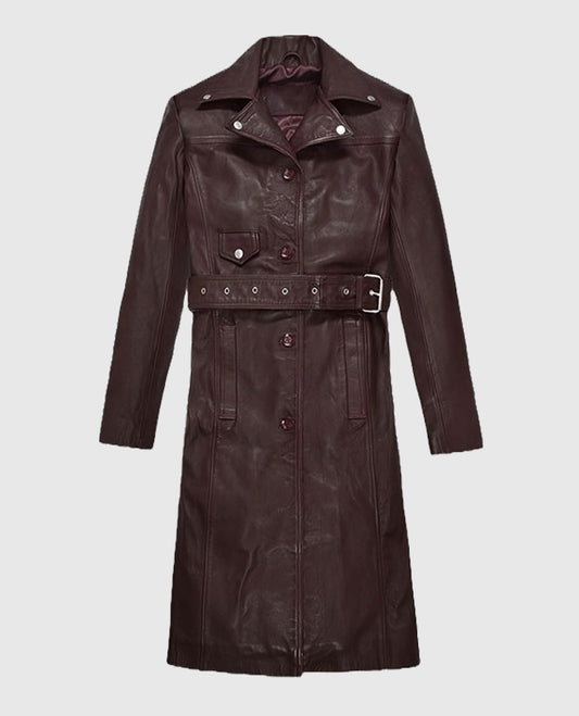 Eiza Gonzalez Leather Burgundy Long Coat