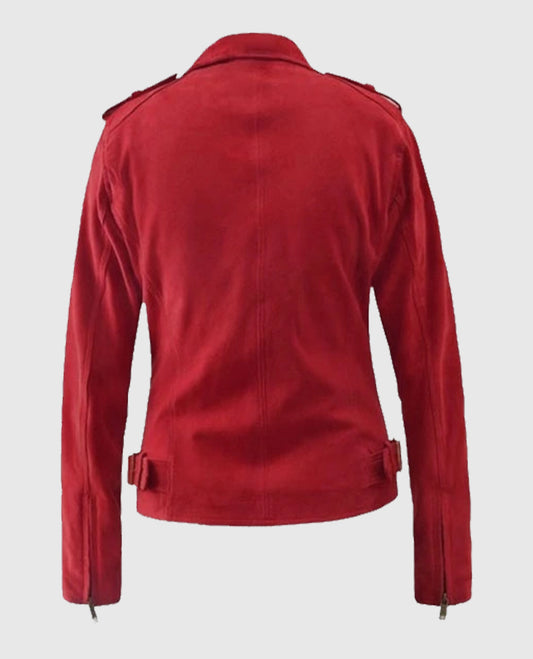 Red Suede Biker Leather Jacket For Women
