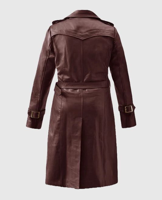Womens Maroon Wax Halcon Soft Brown Leather Trench Coat