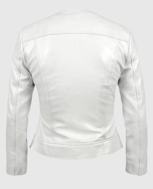 Womens Round Neck White Leather Biker Jacket