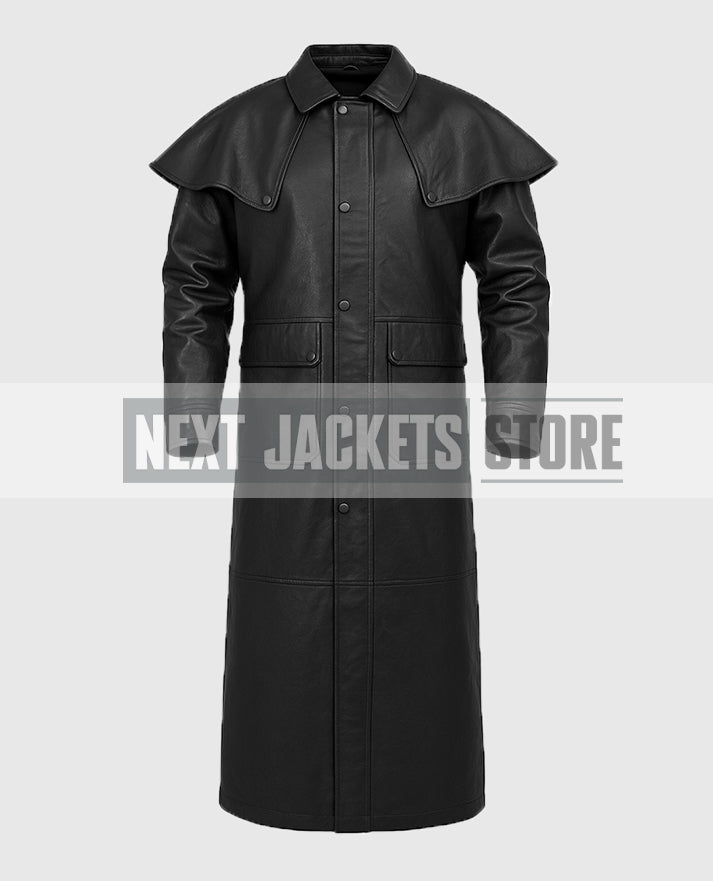 Men's Black Leather Duster With Cape