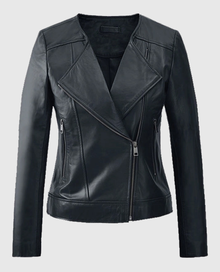 Women's Dark Blue Biker Leather Jacket