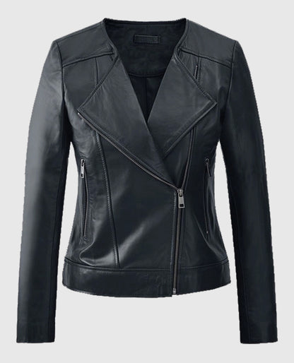 Women's Dark Blue Biker Leather Jacket