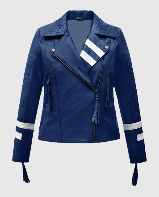 Women's Blue Leather Jacket with White Stripes