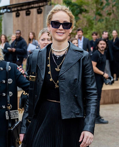 Jennifer Lawrence Leather Jacket Double-Breasted in Black