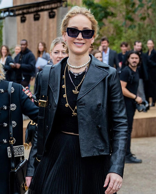 Jennifer Lawrence Leather Jacket Double-Breasted in Black
