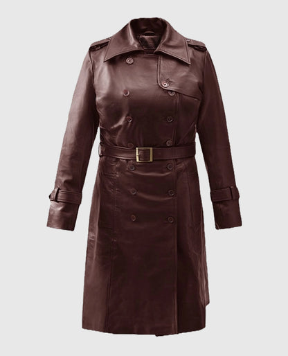 Shop Soft Maroon Wax Halcon Leather Trench Coat for Women