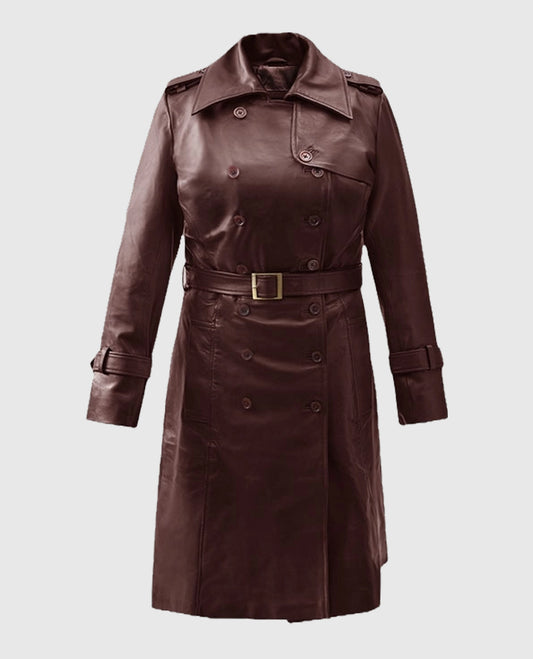 Shop Soft Maroon Wax Halcon Leather Trench Coat for Women