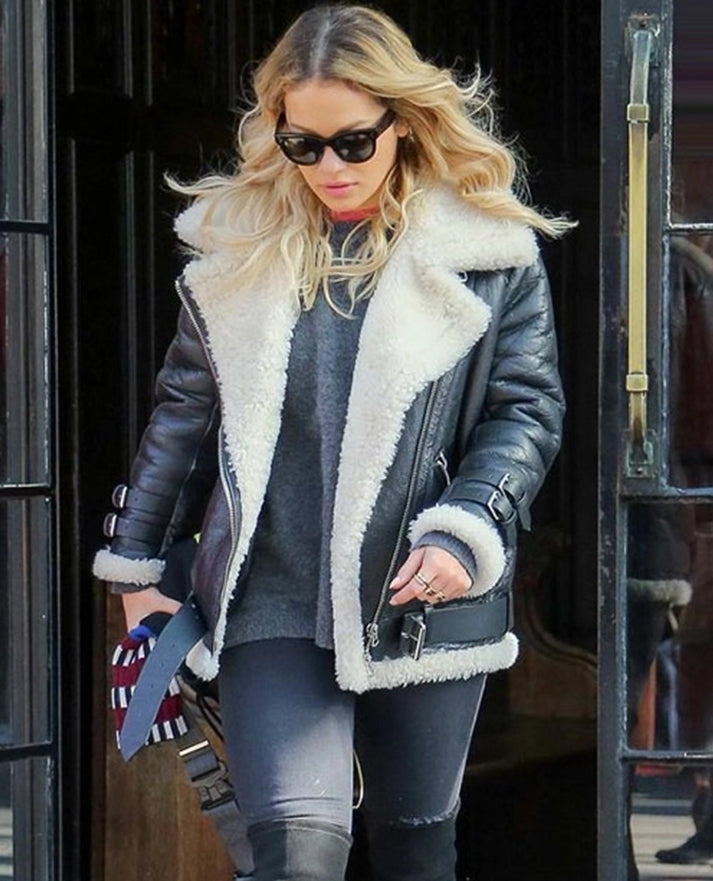Rita Ora Shearling Black Leather Jacket