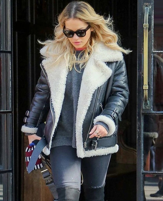 Rita Ora Shearling Black Leather Jacket