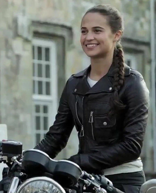 Alicia Vikander Tomb Raider Black Biker Leather Jacket