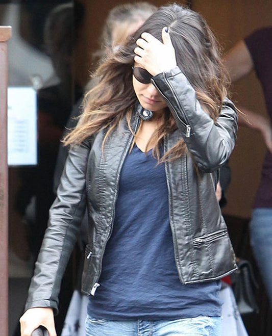 Mila Kunis black leather jacket