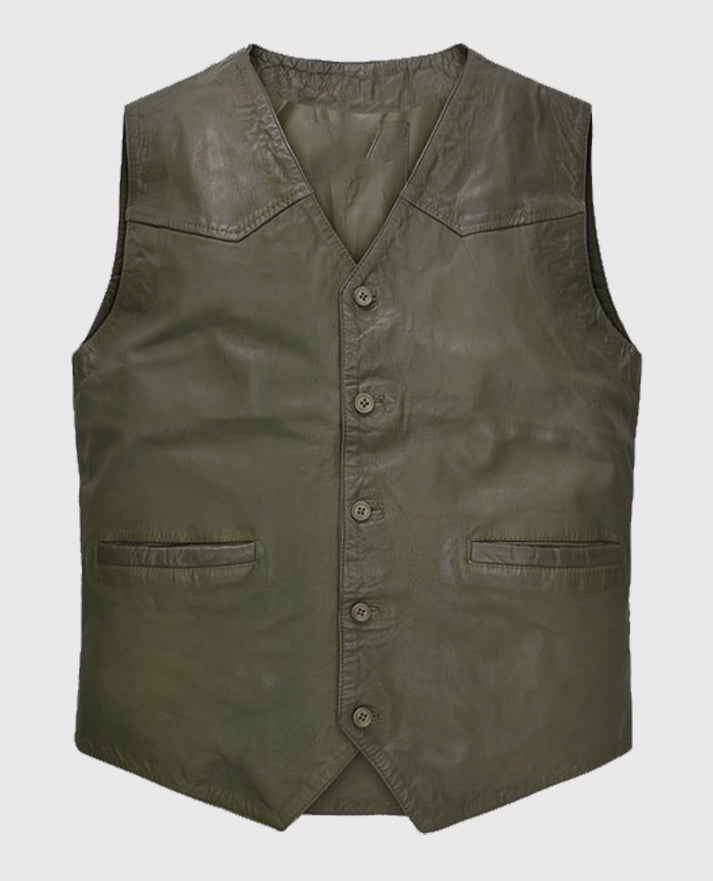 Buy Basicallo Green Washed and Wax Leather Vest for Men