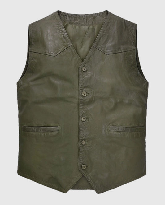 Buy Basicallo Green Washed and Wax Leather Vest for Men