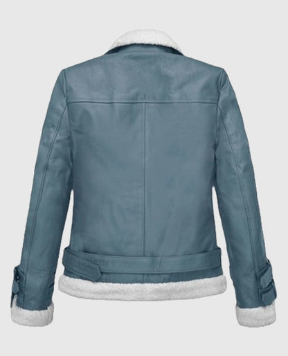 Rita Ora Bon Blue Shearling Biker Leather Jacket