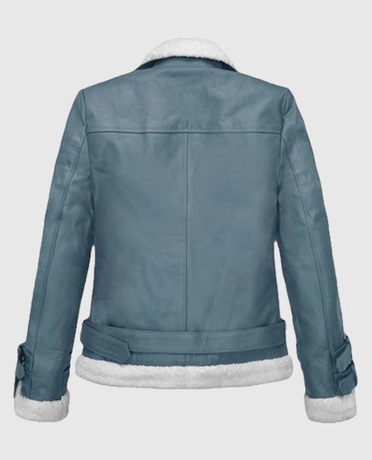 Rita Ora Bon Blue Shearling Biker Leather Jacket
