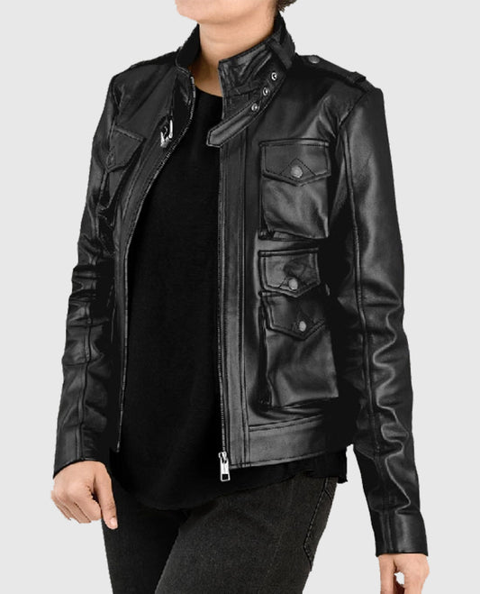 Women's Black Leather Jacket with Multiple Pockets