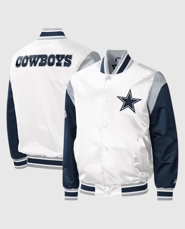 Warm-Up Pitch Dallas Cowboys White and Blue Varsity Satin Jacket
