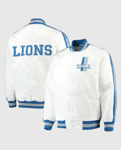 White Detroit Lions Throwback D-Line Satin Jacket