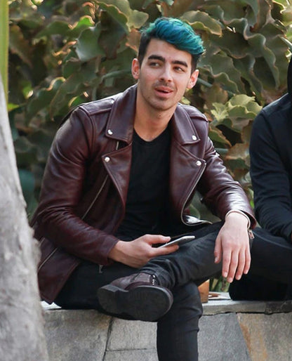 Joe Jonas Maroon Leather Jacket