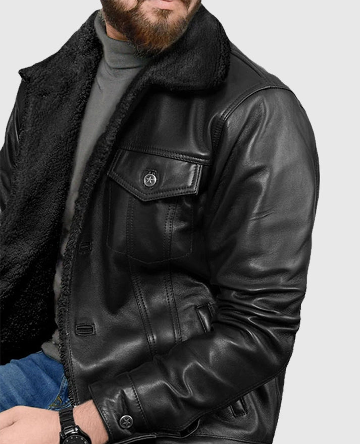 Men's Sherpa Leather Jacket in Black