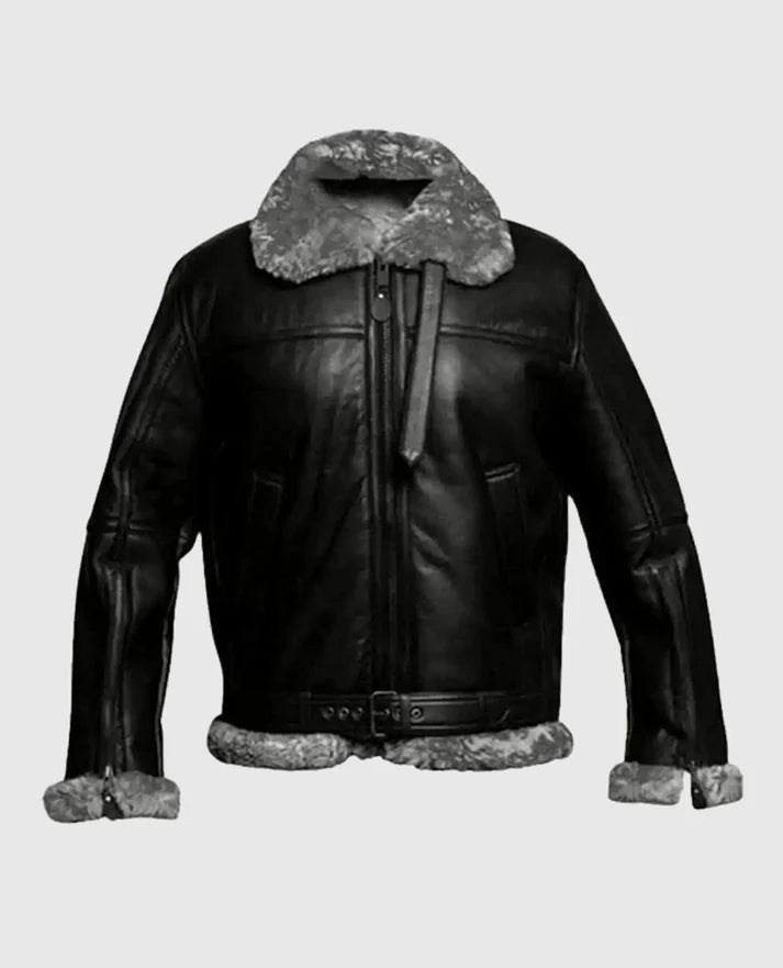 Men's Black Bomber FUR Aviator Flying Pilot Jacket