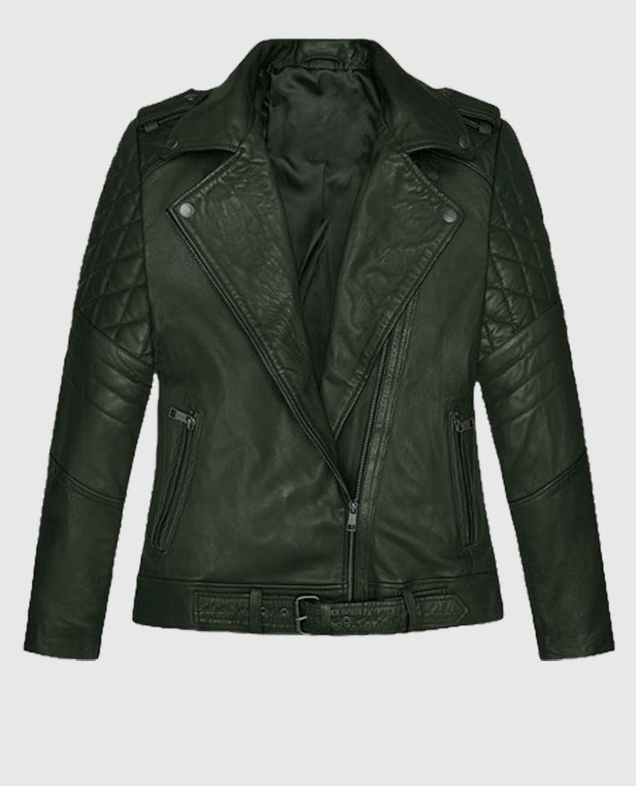 Victoria Justice Quilted Green Leather Jacket