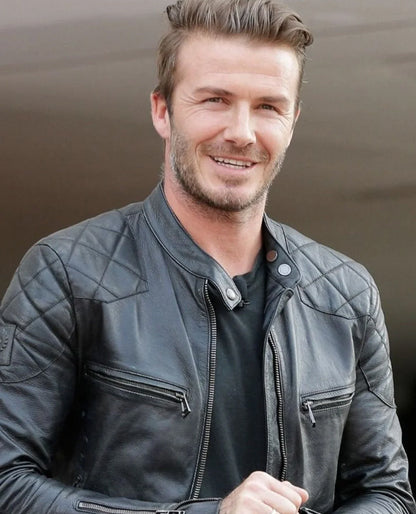 David Beckham Quilted Style Black Leather Biker Jacket