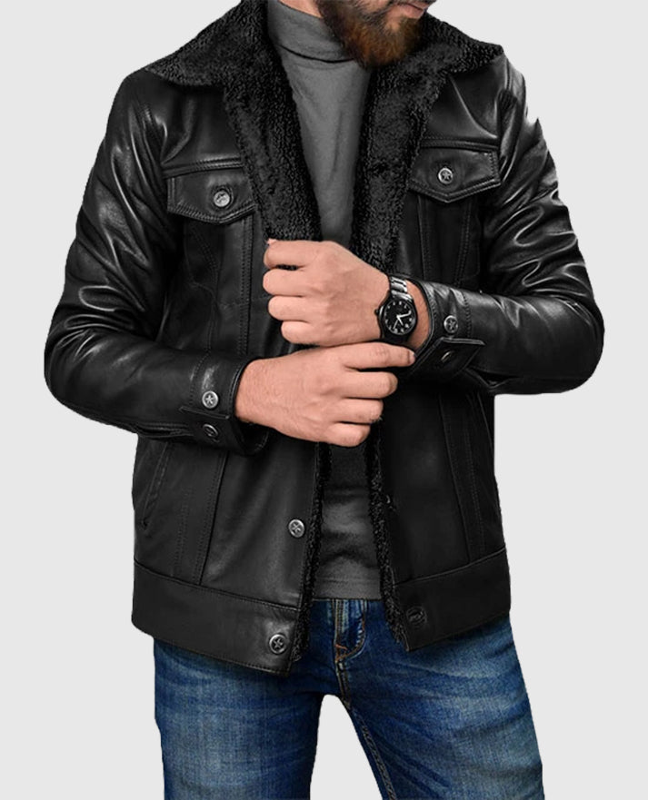 Men's Sherpa Leather Jacket in Black