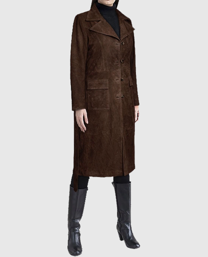 Women's Suede Alpine Dark Brown Leather Long Coat