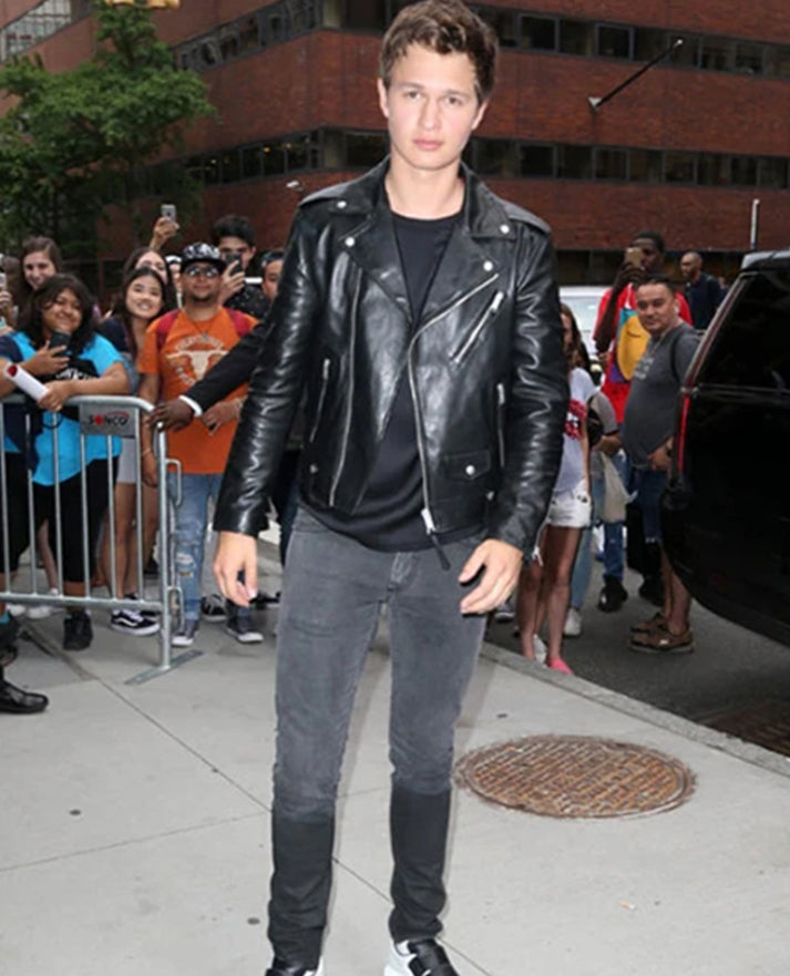 Ansel Elgort Black Biker Leather Jacket