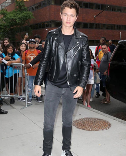 Ansel Elgort Black Biker Leather Jacket