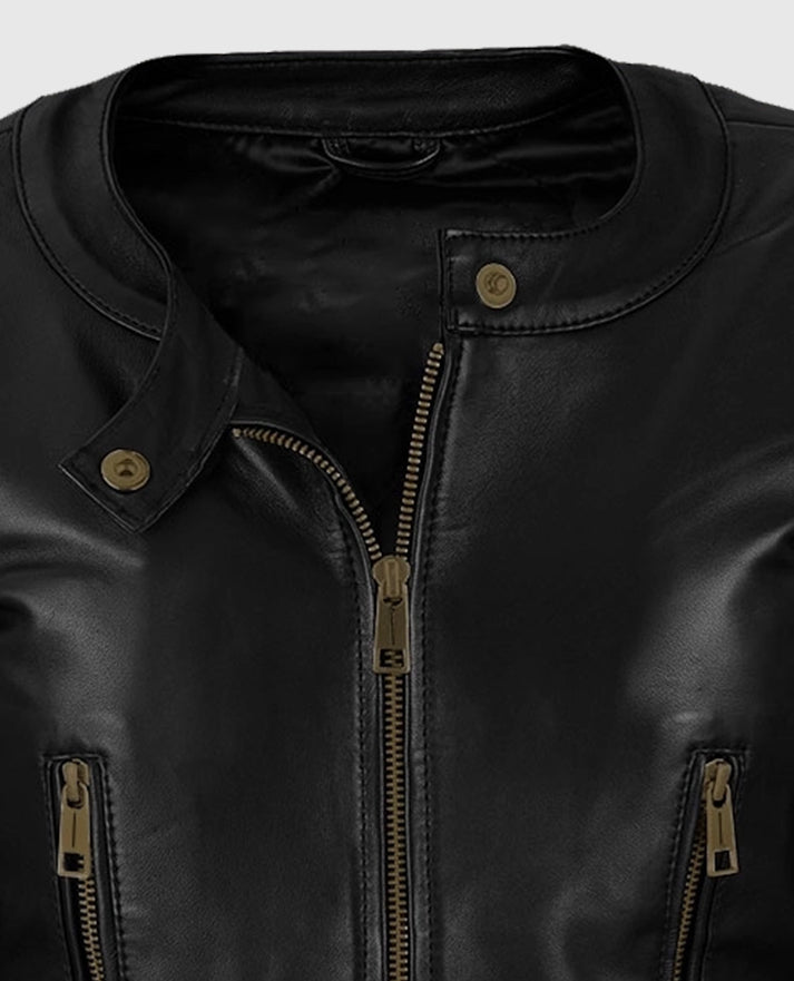 Black Cafe Racer Leather Jacket for Women