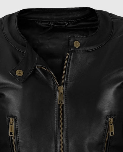 Black Cafe Racer Leather Jacket for Women