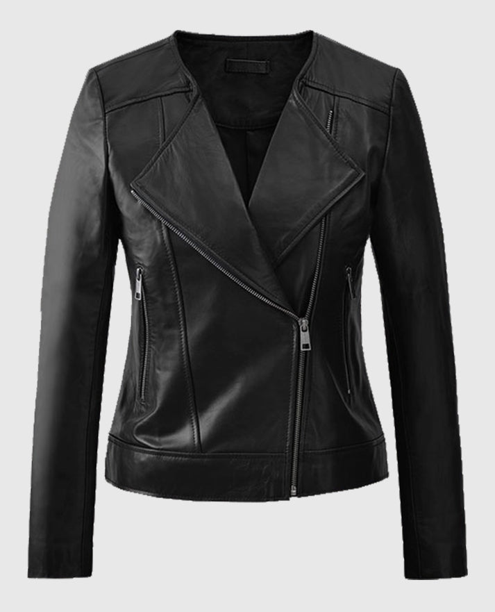 Black Collarless Leather Biker Jacket for Women