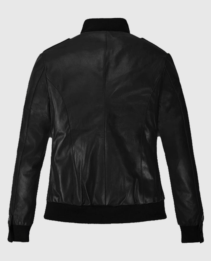 Black Leather Bomber Jacket for Women