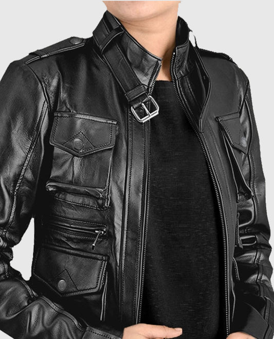 Black Leather Jacket With Multi-Pocket for Women