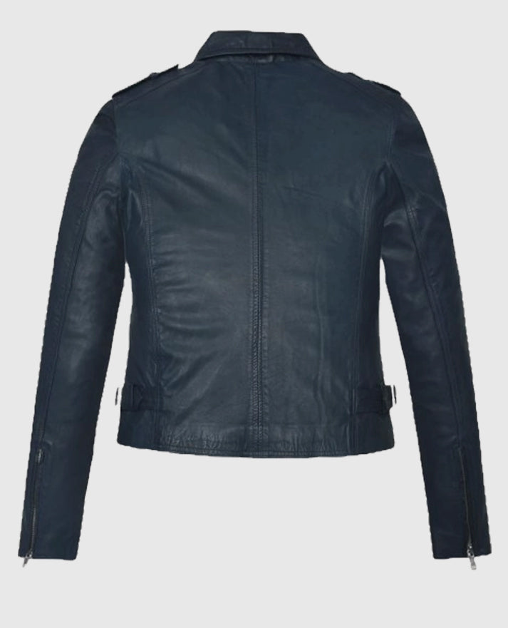 Blue Washed & Wax Biker Leather Jacket for Women