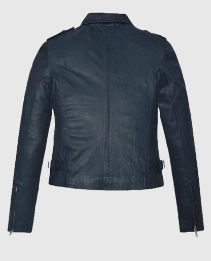 Blue Washed & Wax Biker Leather Jacket for Women