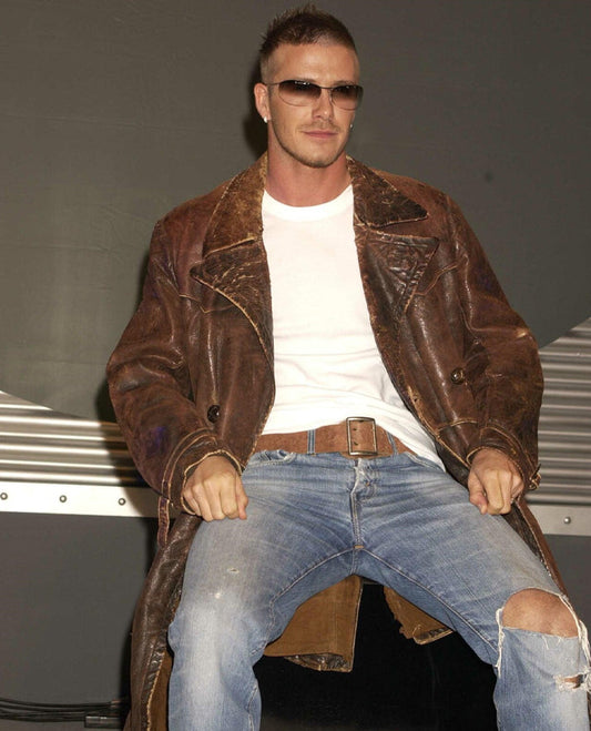 David Beckham Brown Leather Coat In Brown