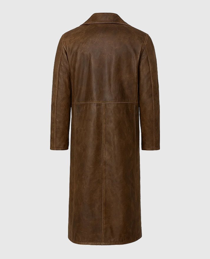 David Beckham Leather Long Coat in Brown Color