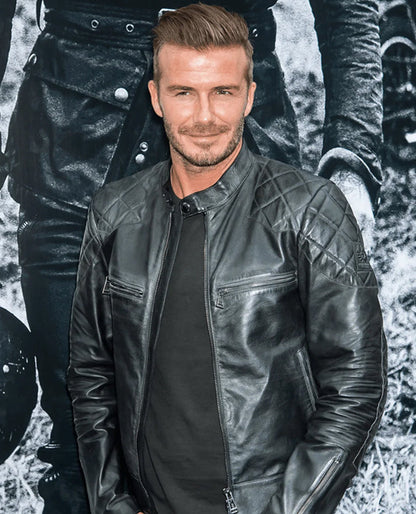 David Beckham Quilted Style Black Sheepskin Leather Biker Jacket