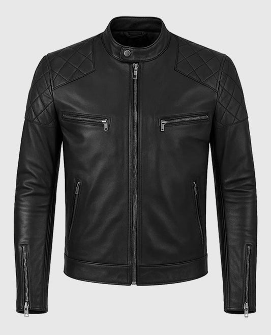 David Beckham Quilted Style Leather Biker Jacket in Black Sheepskin 