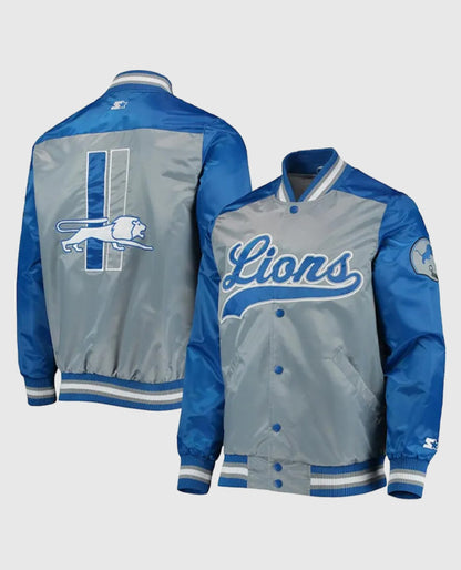 Detroit Lions The Tradition II Grey & Blue Varsity Satin Jacket