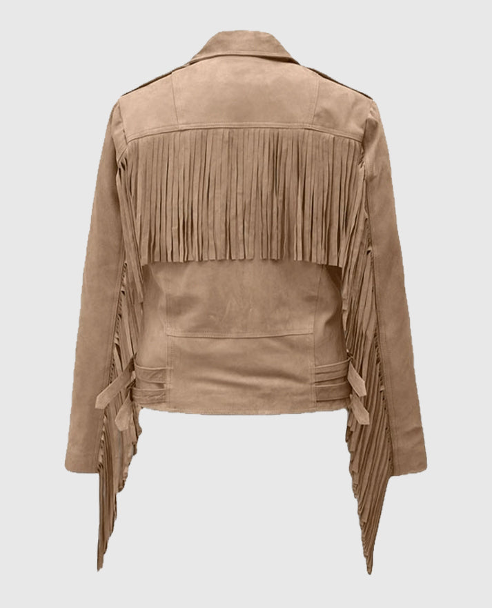 Dusty Beige Suede Leather Fringes Jacket for Women